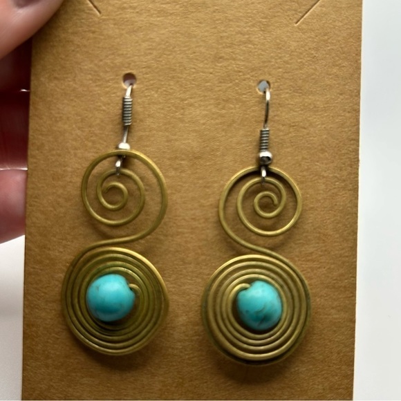 Large Gold Tone Swirl Faux Turquoise Blue Bead Dangle Earrings Music Note - Picture 2 of 7